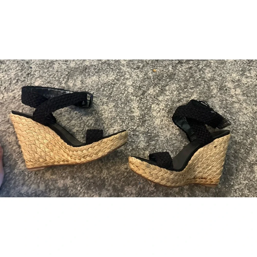 Stuart Weitzman Strappy Espadrille Platform Wedge Sandals size 10.5 black tan